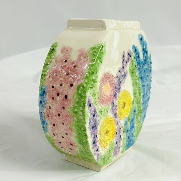 Vintage 1981 Handmade Studio Pottery Round Flat Vase Bottle 6” Textured Floral - Picture 2 of 5